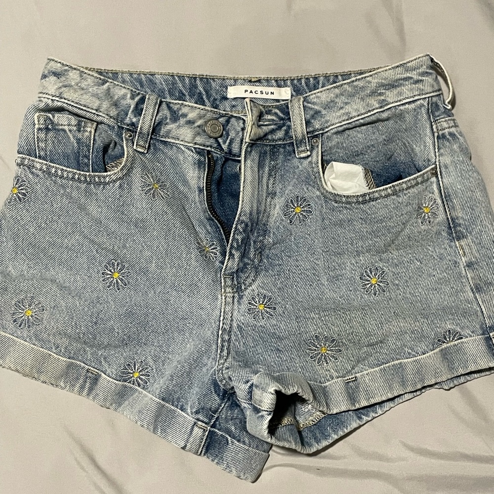PacSun Light Blue Floral Embroidered Jean Shorts